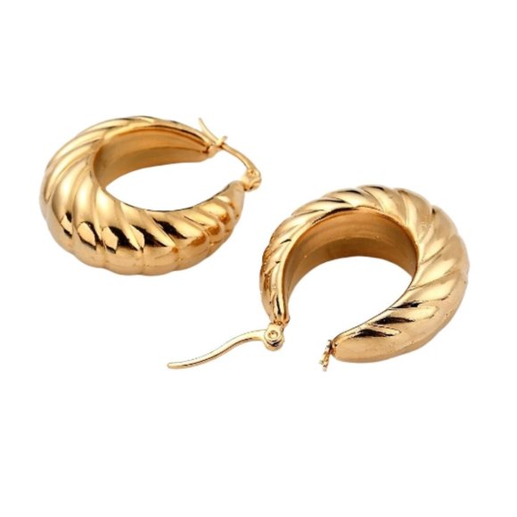 24K Gold Plated Rib Lined Hoop Pierced Post Earrings 32mm Long Thick Band - Picture 9 of 12